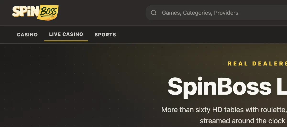 Σελίδα ζωντανού καζίνο του SpinBoss (αγγλική διεπαφή), καταγράφηκε στο spinboss.live, 7 Σεπτεμβρίου 2026